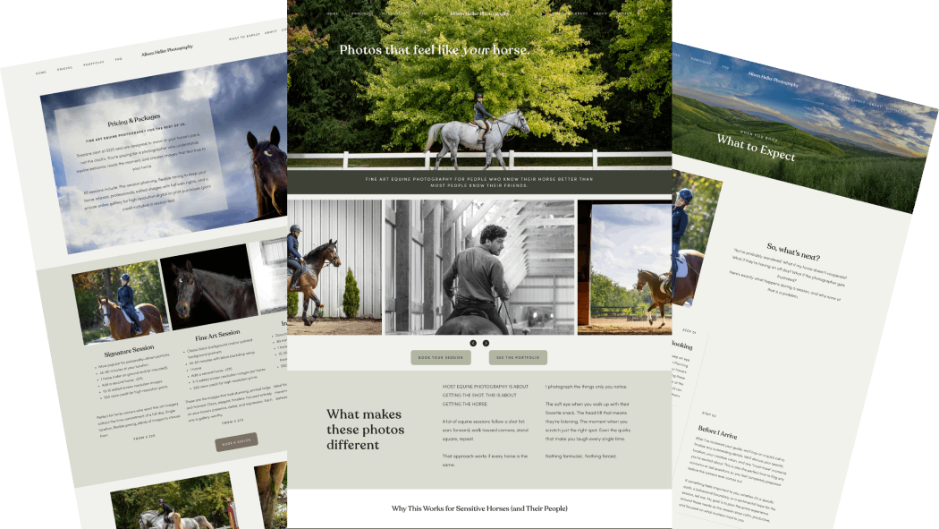 Three pages from Alison Heller Photography's website that The Copy Trust wrote using VOC research