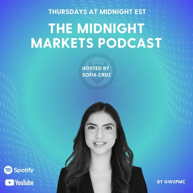 Podcast promotional graphic for 'The Midnight Markets Podcast' hosted by Sofia Cruz, scheduled for Thursdays at midnight EST, featuring a woman with long dark hair, smiling, with logos for Spotify and YouTube.