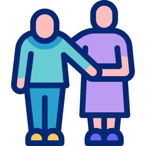 Two cartoon-style figures, one with arm around the other, symbolizing friendship or support.