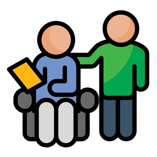 A person in a wheelchair holding a yellow book or tablet, with another person standing beside them, touching their shoulder in a supportive manner.