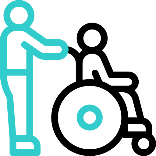 Person pushing an elderly person in a wheelchair.