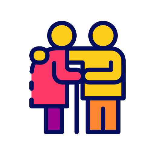 Illustration of an elderly couple hugging, with the woman in a pink dress and the man in a yellow shirt and orange pants.