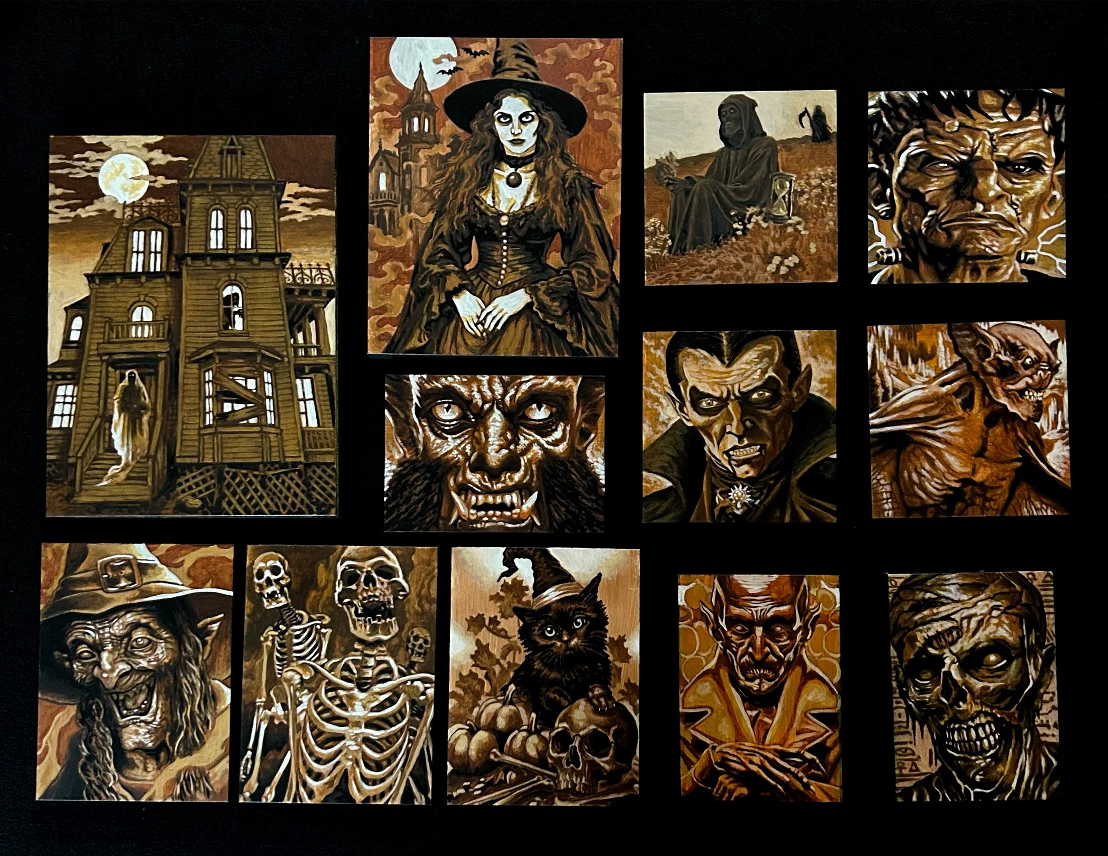 Canman's new Halloween painting series featuring witches, vampires, werewolves, skeletons, monsters and haunted house artwork