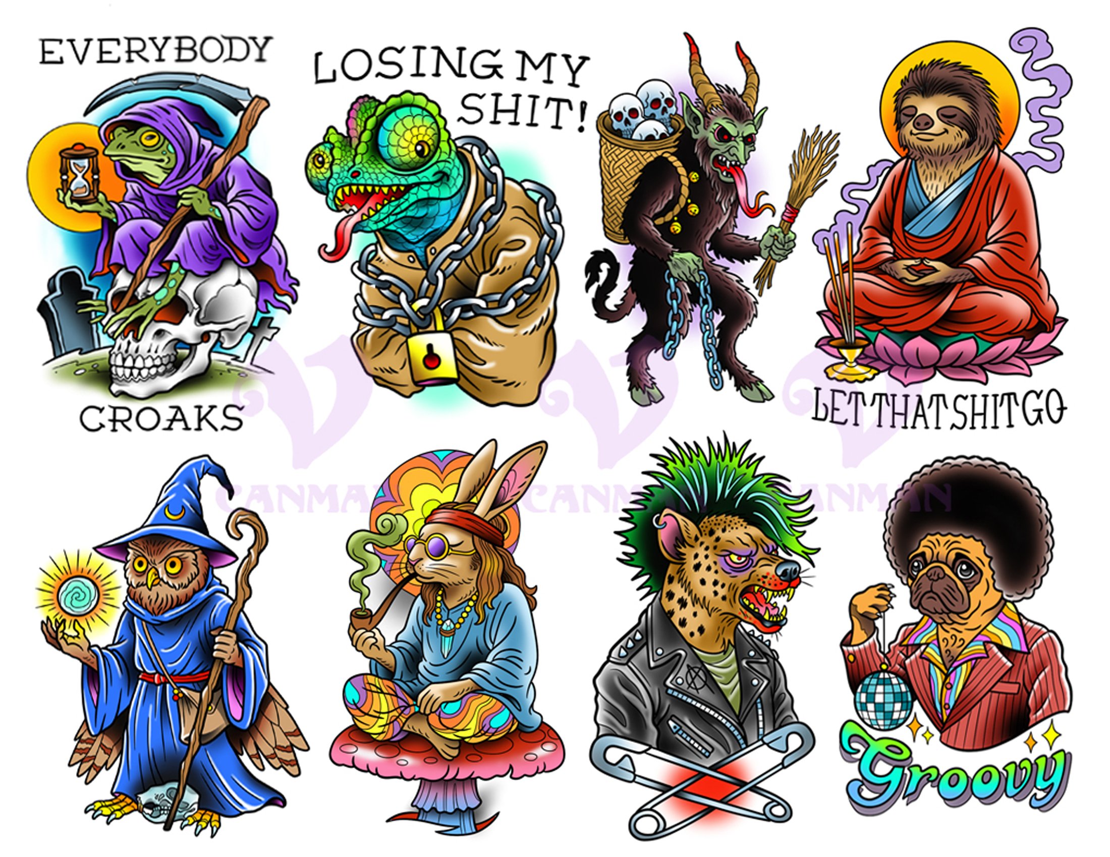 Canman’s Party Animals digital illustration series features bold characters designed for tattoos, prints, paintings, and merchandise with humor and edge.