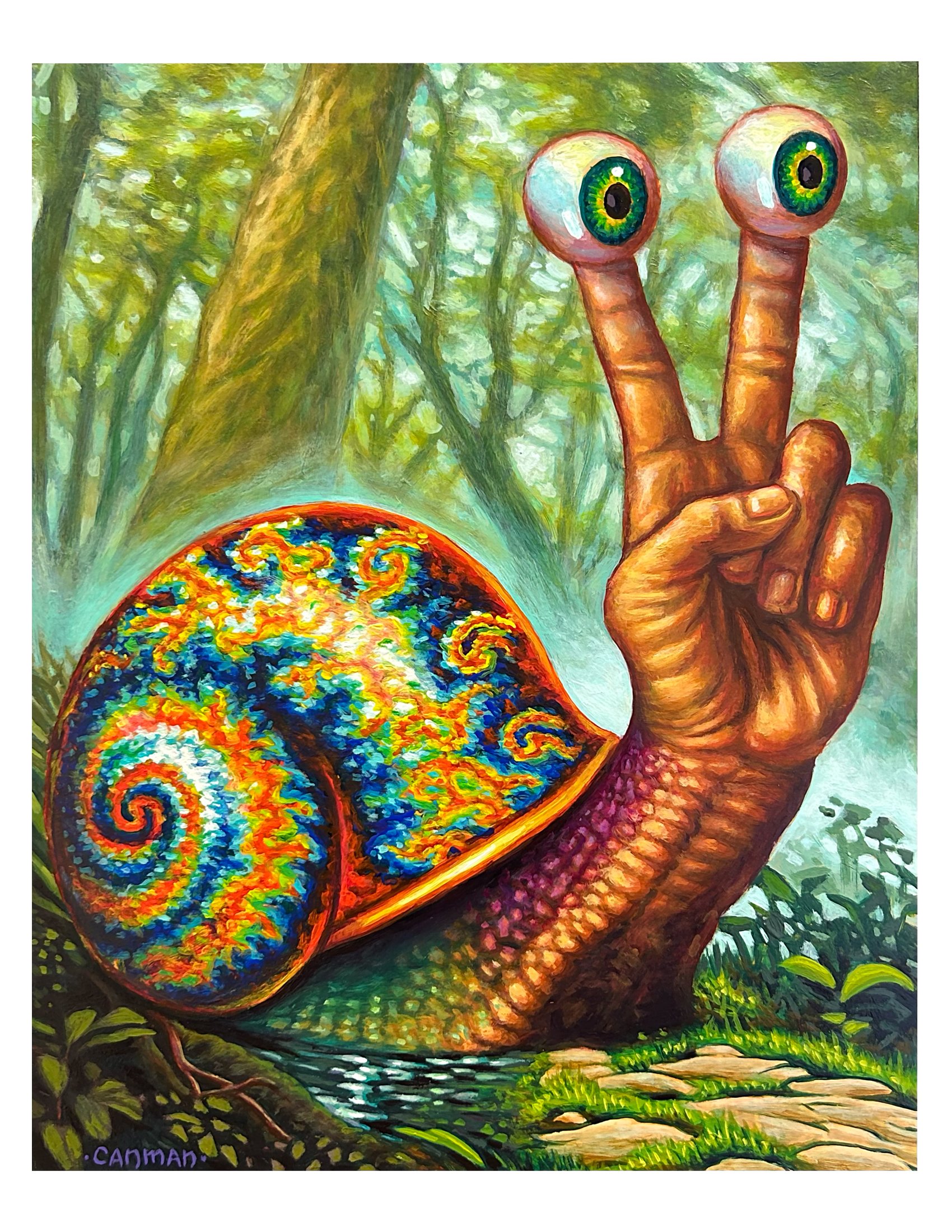 Slowly But Surely by Canman blends psychedelic color and surreal symbolism to explore peace’s slow but steady journey through modern times.