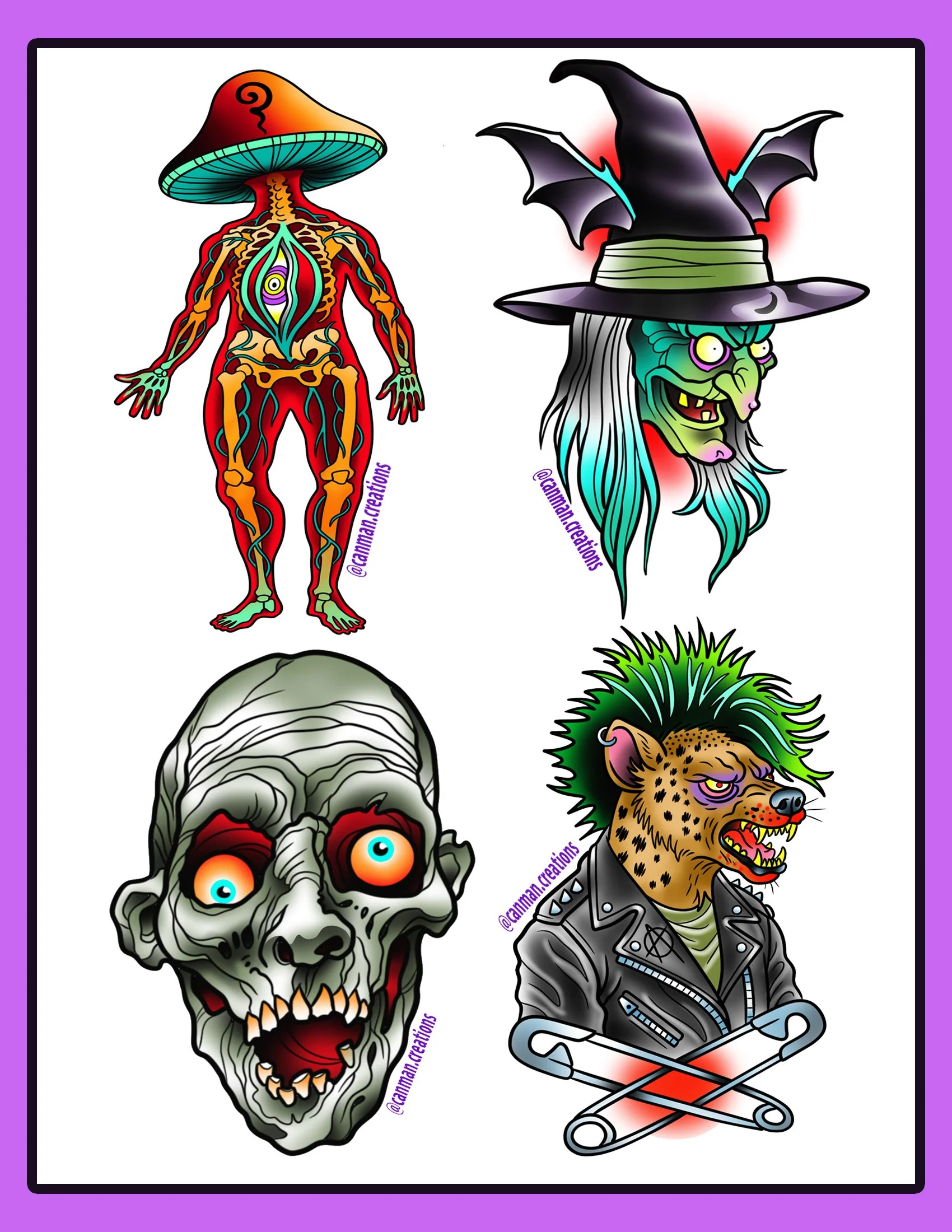 Shop Canman’s new 4-piece surreal sticker collection featuring bold tattoo-inspired designs. Available now at canmancreations.com and Visions Tattoo Gallery in Medway, MA.