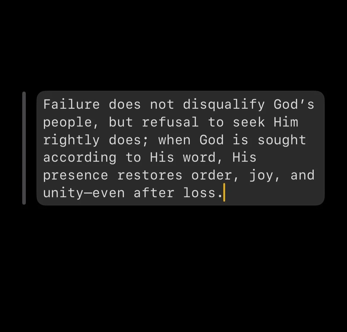 1 Chronicles 15 reminds us that God does not withdraw His presence after failure but invites His people to seek Him rightly. When David inquires of the Lord and submits to His revealed word, worship is restored, order is established, and joy flows&md