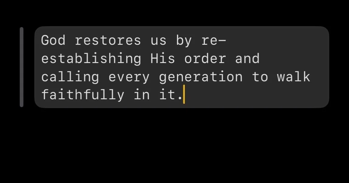 1 Chronicles 24 reminds us that restoration begins with God, not us. After exile and loss, God re-established order in His house, affirmed identity, and gave every generation a place in His plan. When we submit to God&rsquo;s design instead of our ow