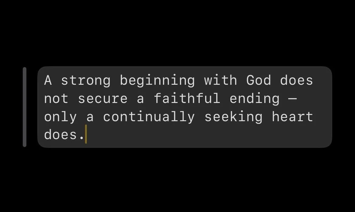 In 2 Chronicles 16, we are reminded that a strong beginning with God does not secure a faithful ending &mdash; only a continually seeking heart does. Asa once depended fully on the Lord, but later chose human help over divine reliance. The warning is