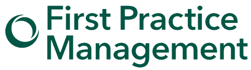 First Practice Management logo with dark green text and circular icon