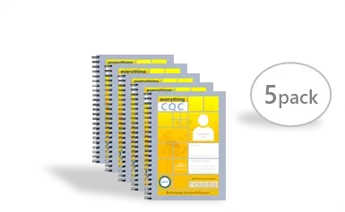 Five packs of yellow and gray notebooks labeled 'everything CQ' arranged in a fan over a white background, with a gray oval label that says '5 pack' to the right.