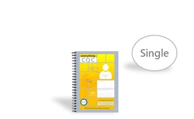A notebook with a yellow cover, labeled "everything CQC" on the cover, placed next to a tablet showing a profile icon and the word "Single" in a speech bubble.