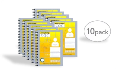 Pack of ten yellow and white notebooks labeled "everything" and "CQC."
