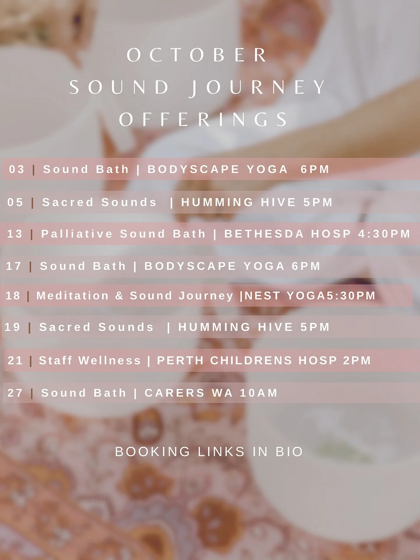 𝕎𝕙𝕖𝕣𝕖 𝕪𝕠𝕦 𝕔𝕒𝕟 𝕗𝕚𝕟𝕕 𝕞𝕖 🤍

Alternate Friday evenings at @bodyscapeyoga in Nedlands for those who would like to end their working week with some stillness and 5pm Sacred Sounds on alternate Sundays at @humminghive_ in Wembley where you