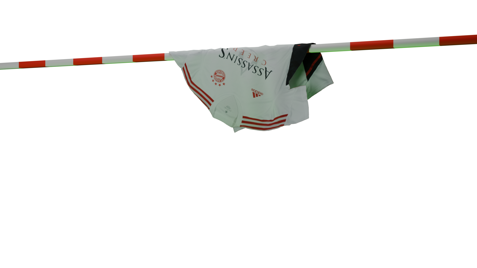 White sports jersey hanging on a pole with red and white stripes, featuring red text and a logo.