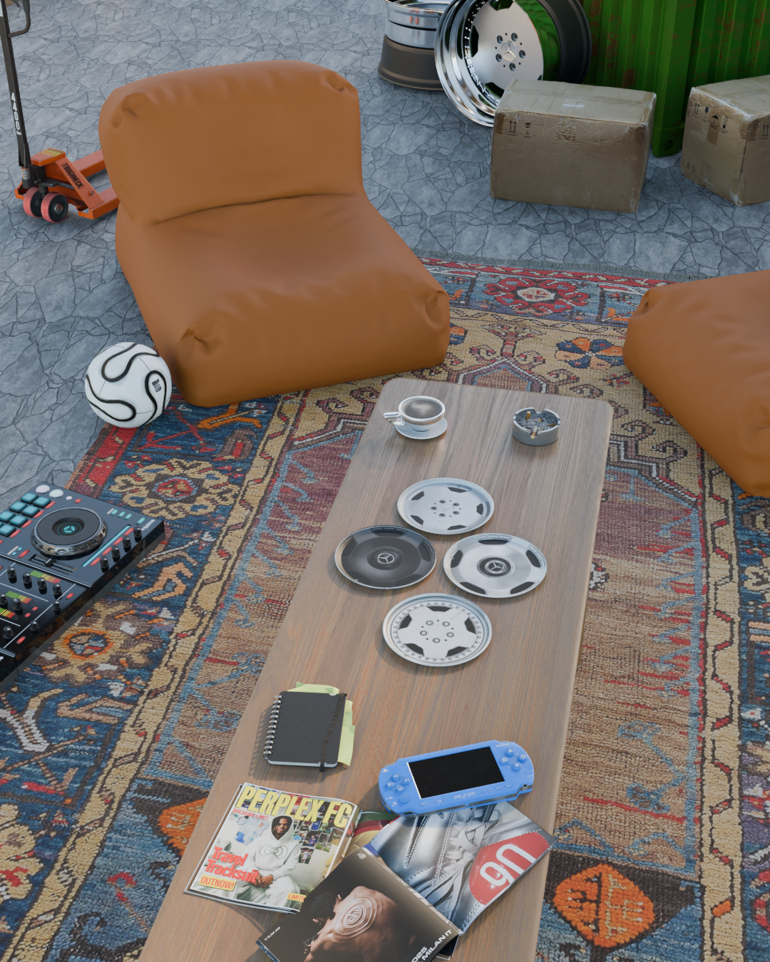 A casual lounge setup with leather bean bag chairs, a wooden coffee table holding a coffee cup, ashtray, and various skateboard wheels, a DJ controller, a magazine, a PlayStation portable, and magazines on a patterned carpet. In the background are boxes, a soccer ball, wheels, and green storage containers.