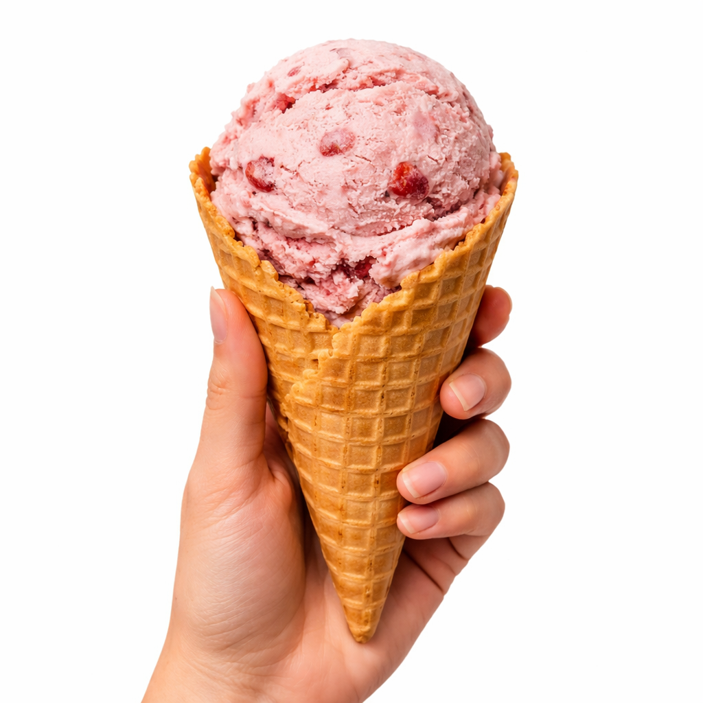 A hand holding a waffle cone filled with a scoop of pink ice cream with red bits, against a white background.