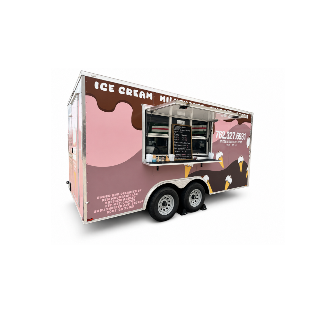 Pink ice cream truck with cartoon ice cream cone illustrations and a menu board on the side.