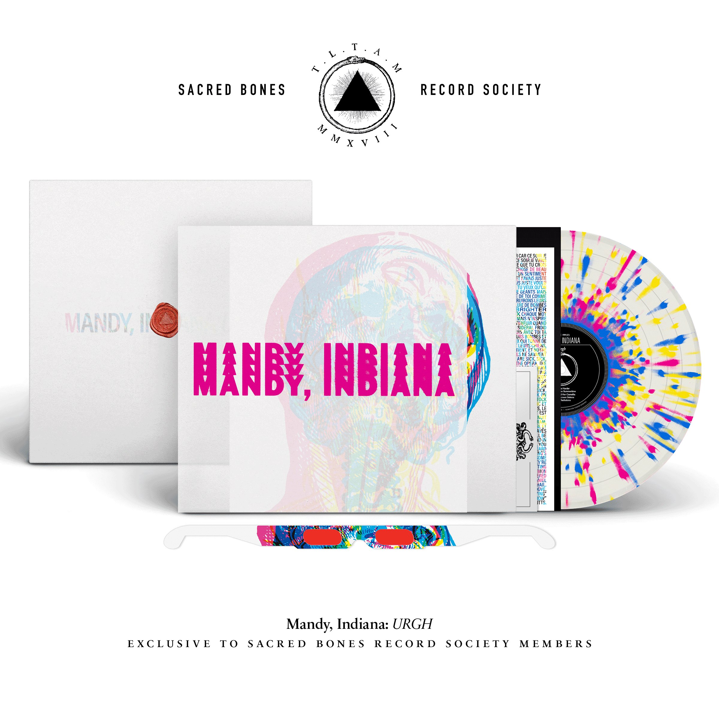 Mandy, Indiana URGH Sacred Bones Record Society edition, with alternate wrap art, on 'CMYK splatter" vinyl