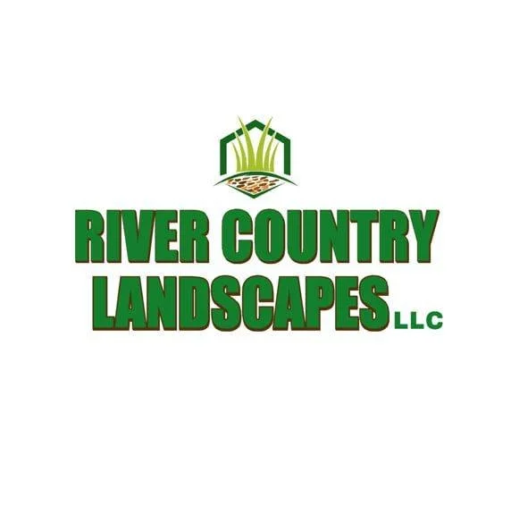 Logo for River Country Landscapes LLC featuring stylized grass, a house, and a lawn or garden design.