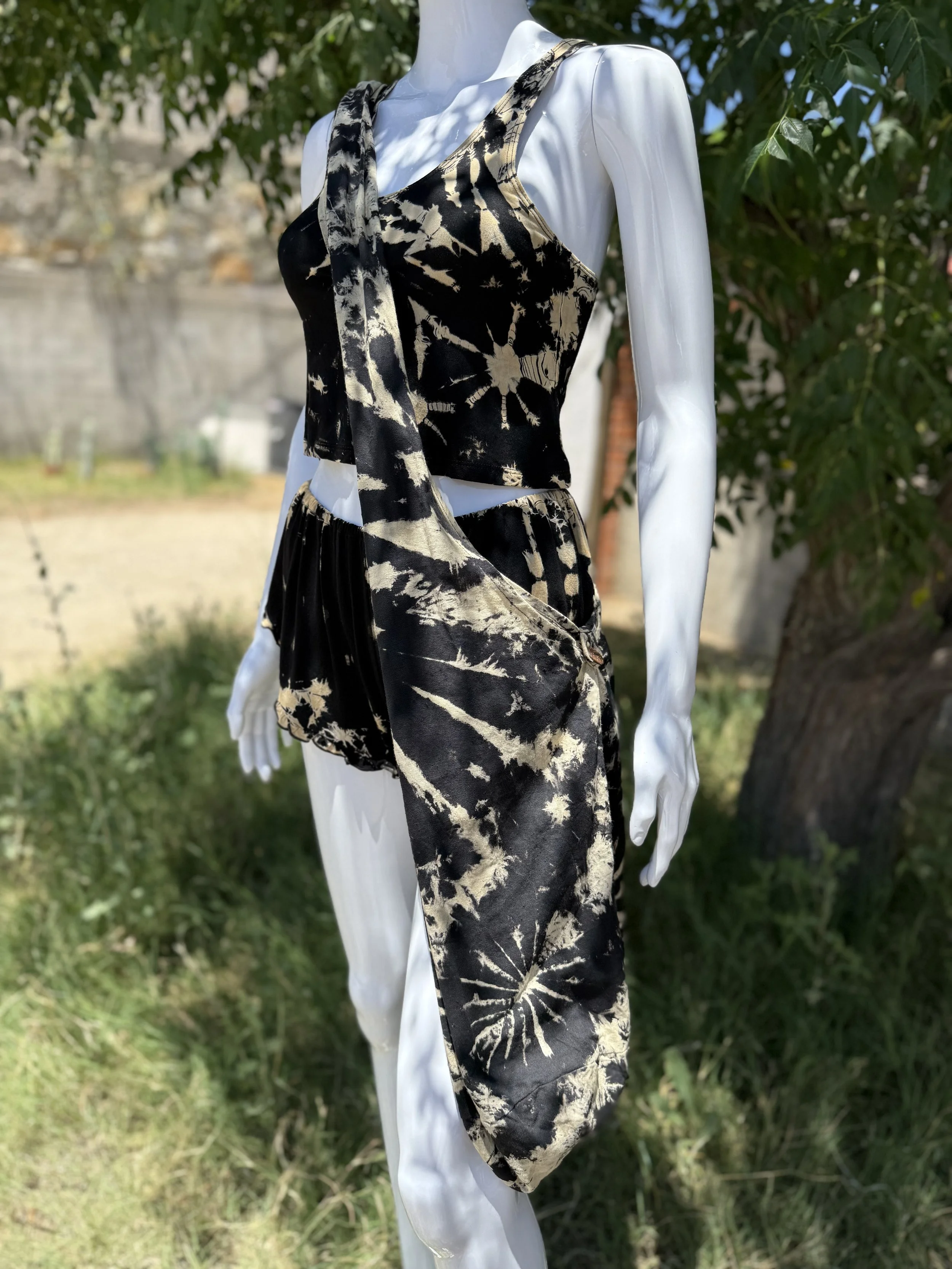 Bleach Dyed Braided Racer Tank, Flutter Shorts & Sling Bag Set