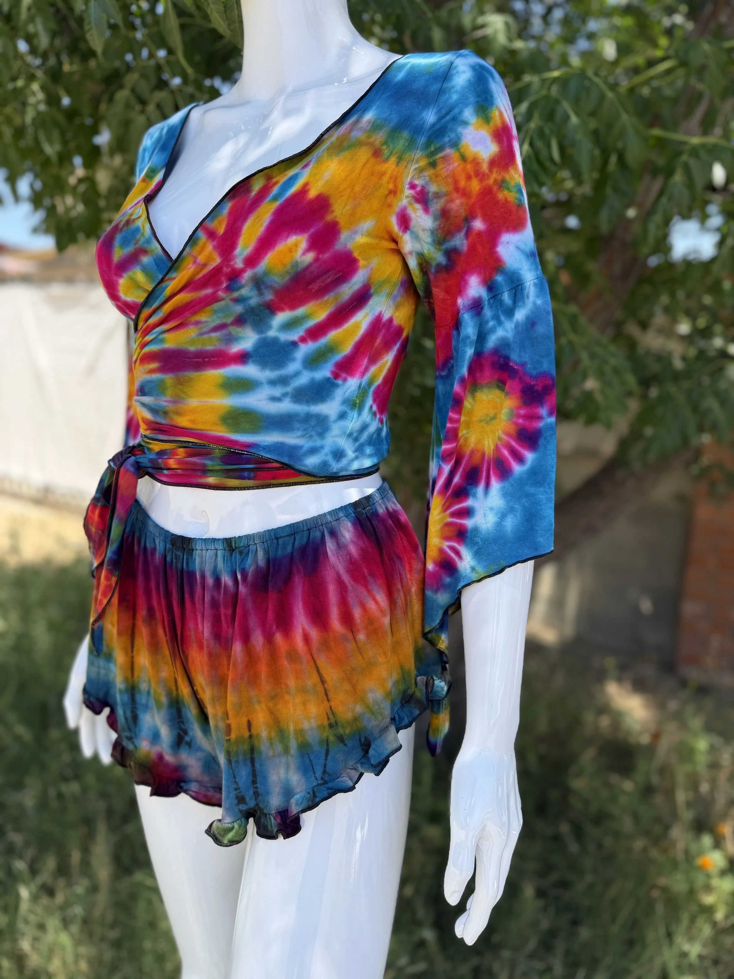 Tie Dye Kimono Sleeve Top & Flutter Shorts Set
