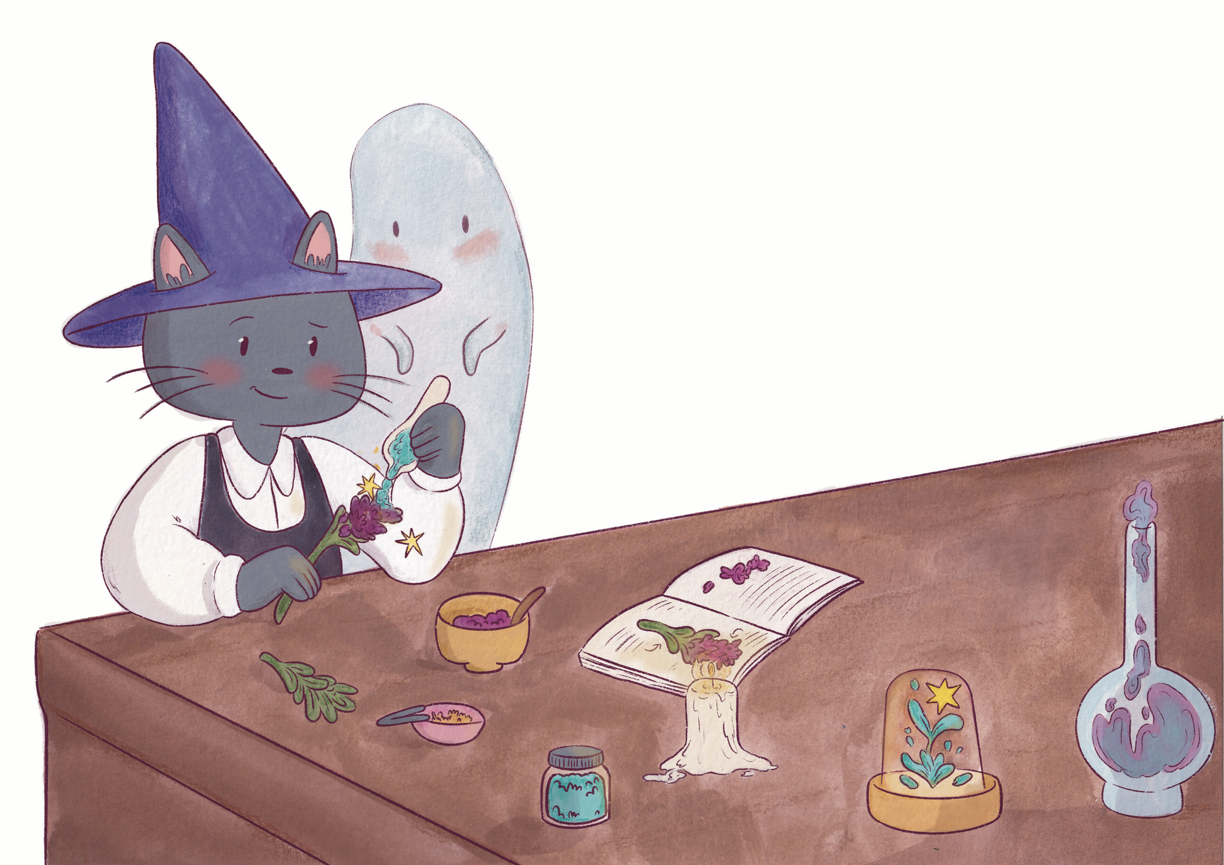 Un gato con sombrero de mago y una escoba en una mesa, rodeado de libros y frascos con pociones, en un ambiente de magia y hechicería.