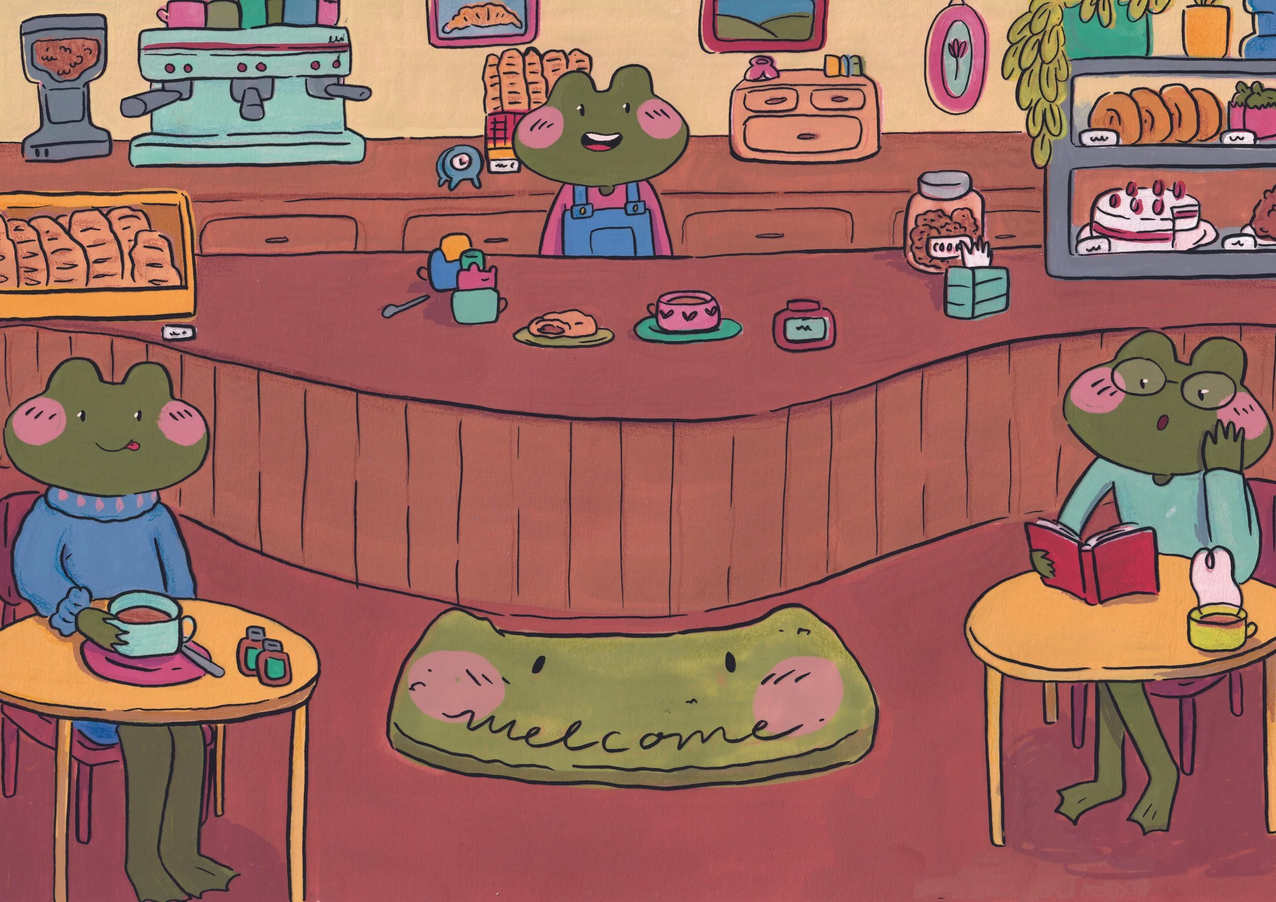 Ilustración de una cafetería con varias personajes de dibujo animado, una en un mostrador atendiendo, otras en mesas con comida y bebida, y decoraciones coloridas. Hay un cartel que dice 'Welcome' en la entrada.