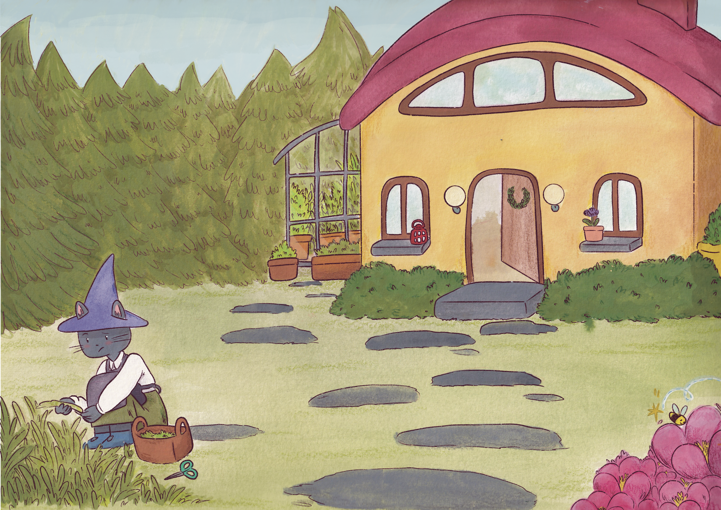 Dibujo de un jardín con plantas y flores, una casa amarilla con ventanas grandes y una puerta, y un gato gris con sombrero azul en primer plano, sentado en el césped.