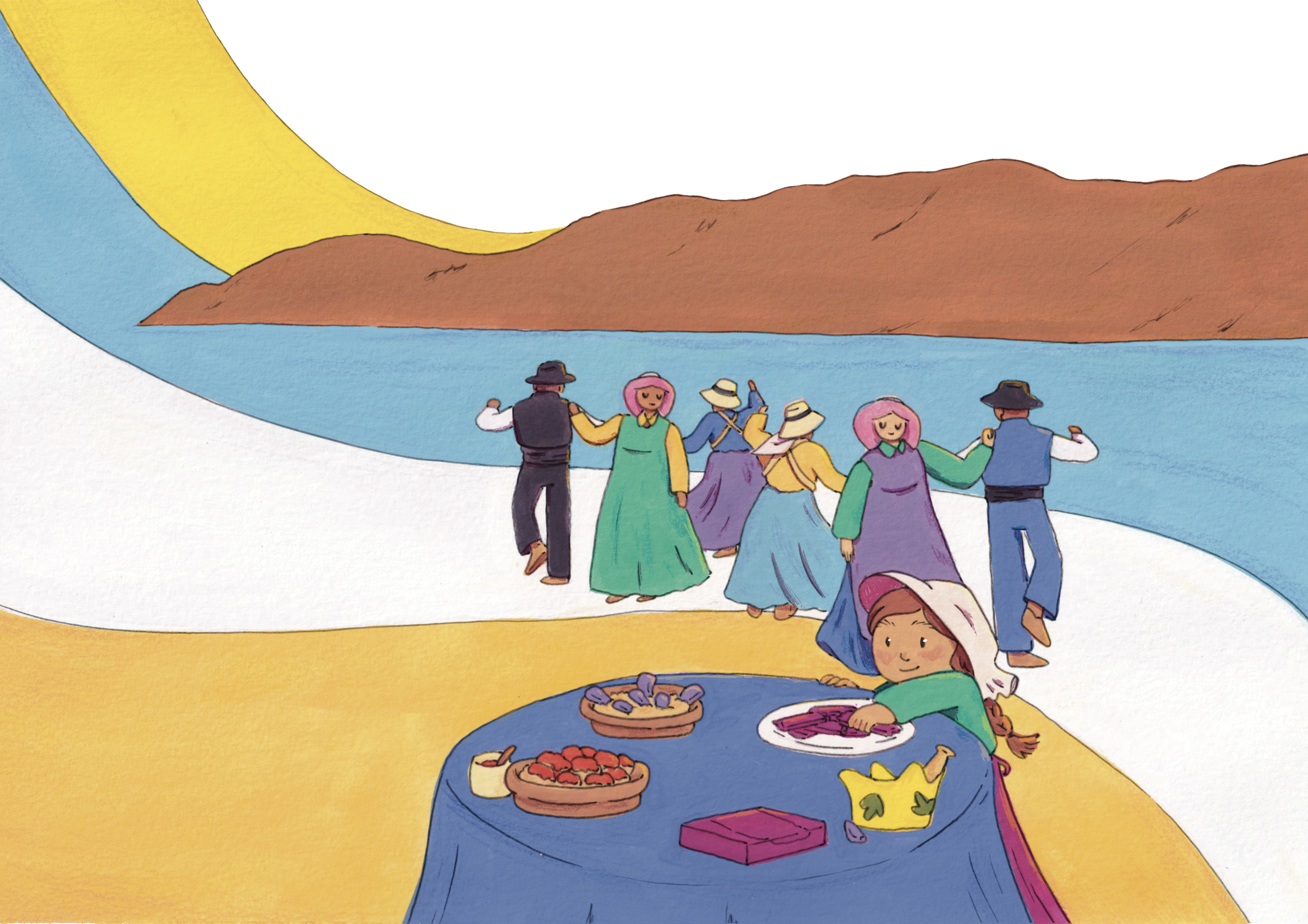 Dibujo de personas en una reunión social, con mesas llenas de comida, en un entorno colorido y alegre.