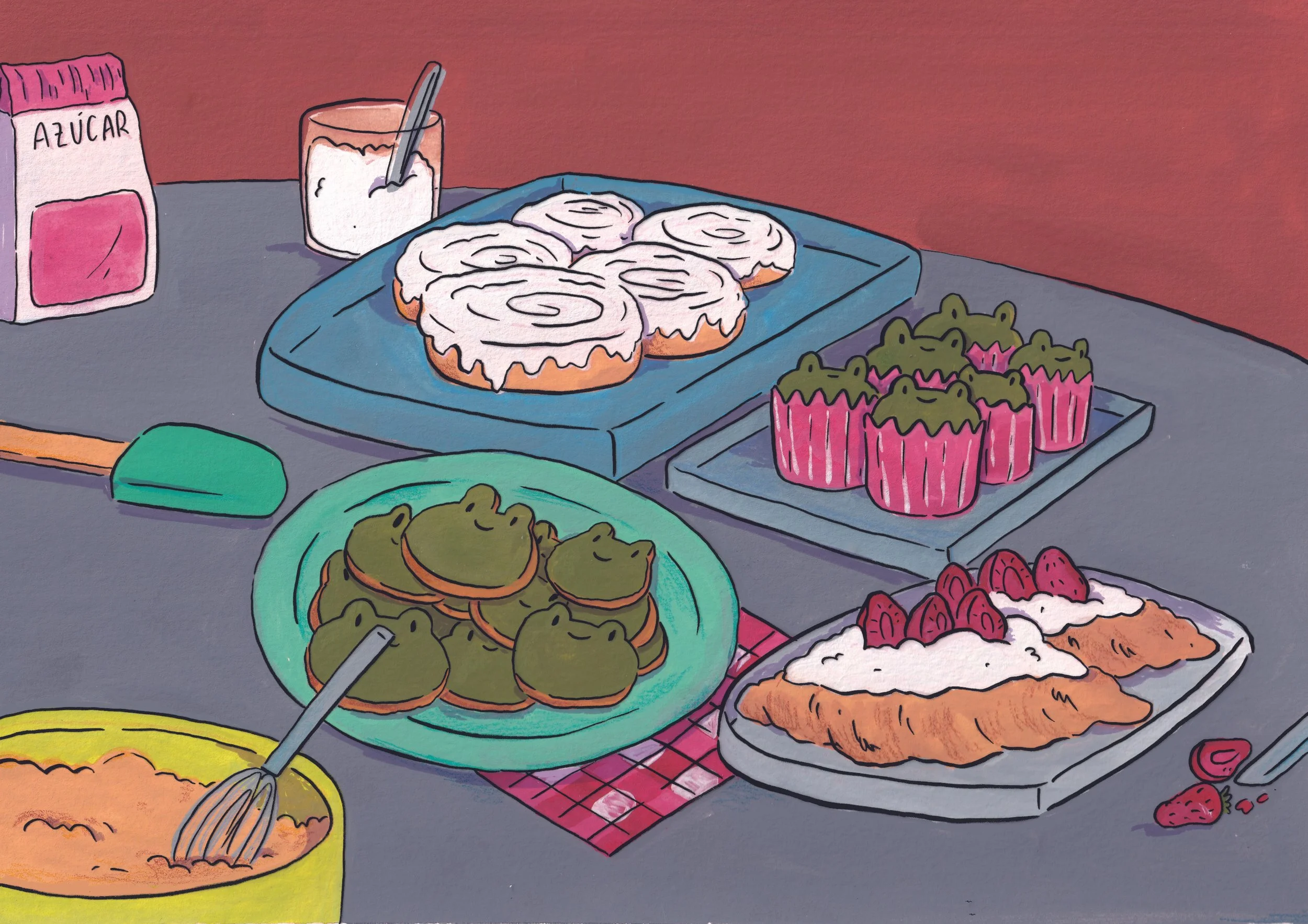Mesa con varias recetas de postres y bocadillos, incluyendo cupcakes con gris de crema, galletas con glaseado y empaques con temas de ositos, y otros alimentos complementarios.