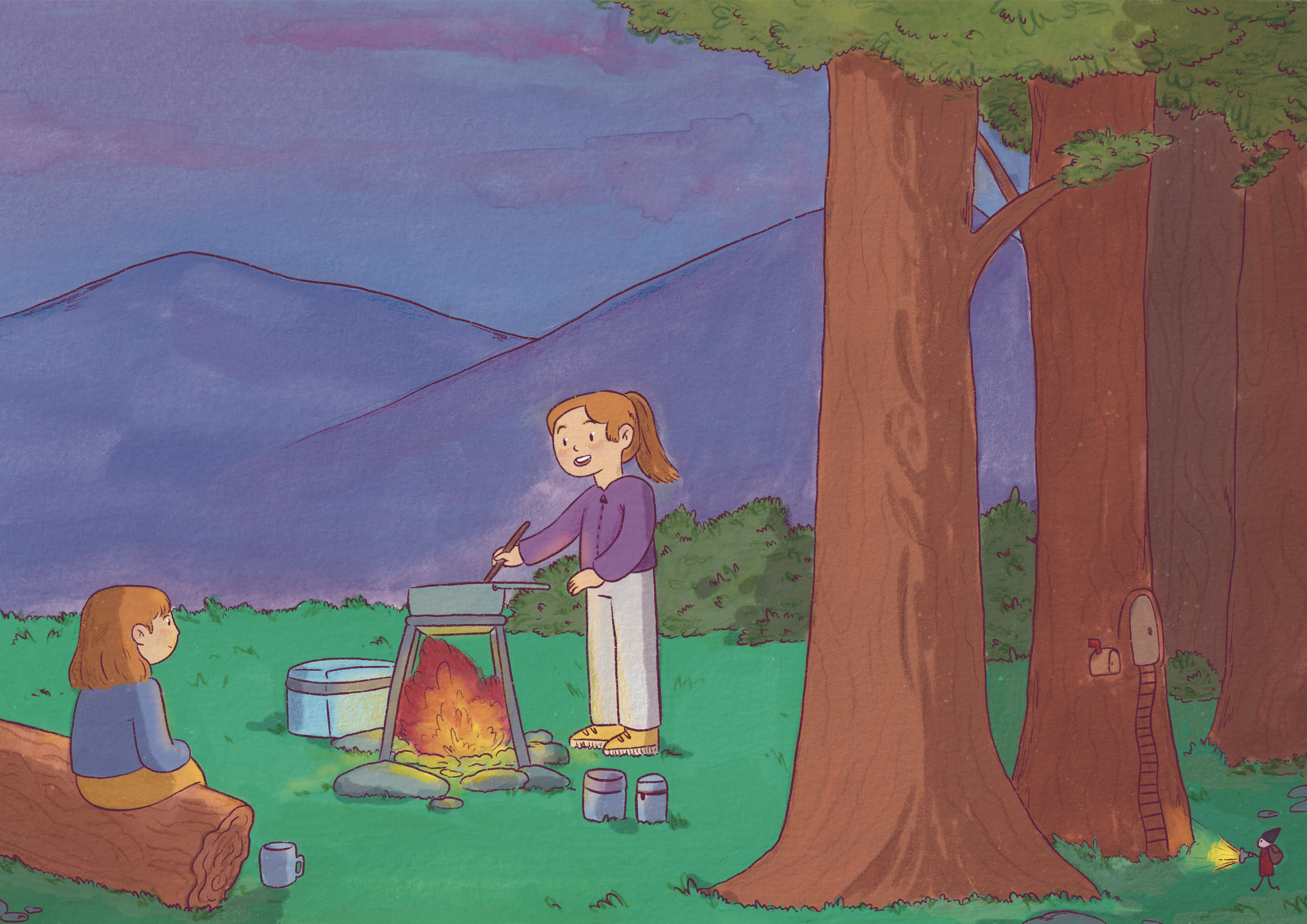 Dibujo de un bosque con dos árboles grandes, una fogata en el suelo rodeada de piedras, una niña de cabello castaño con blusa morada que está de pie y otra niña de cabello largo y rizado sentada en la hierba, ambas observando la fogata. Hay una peque