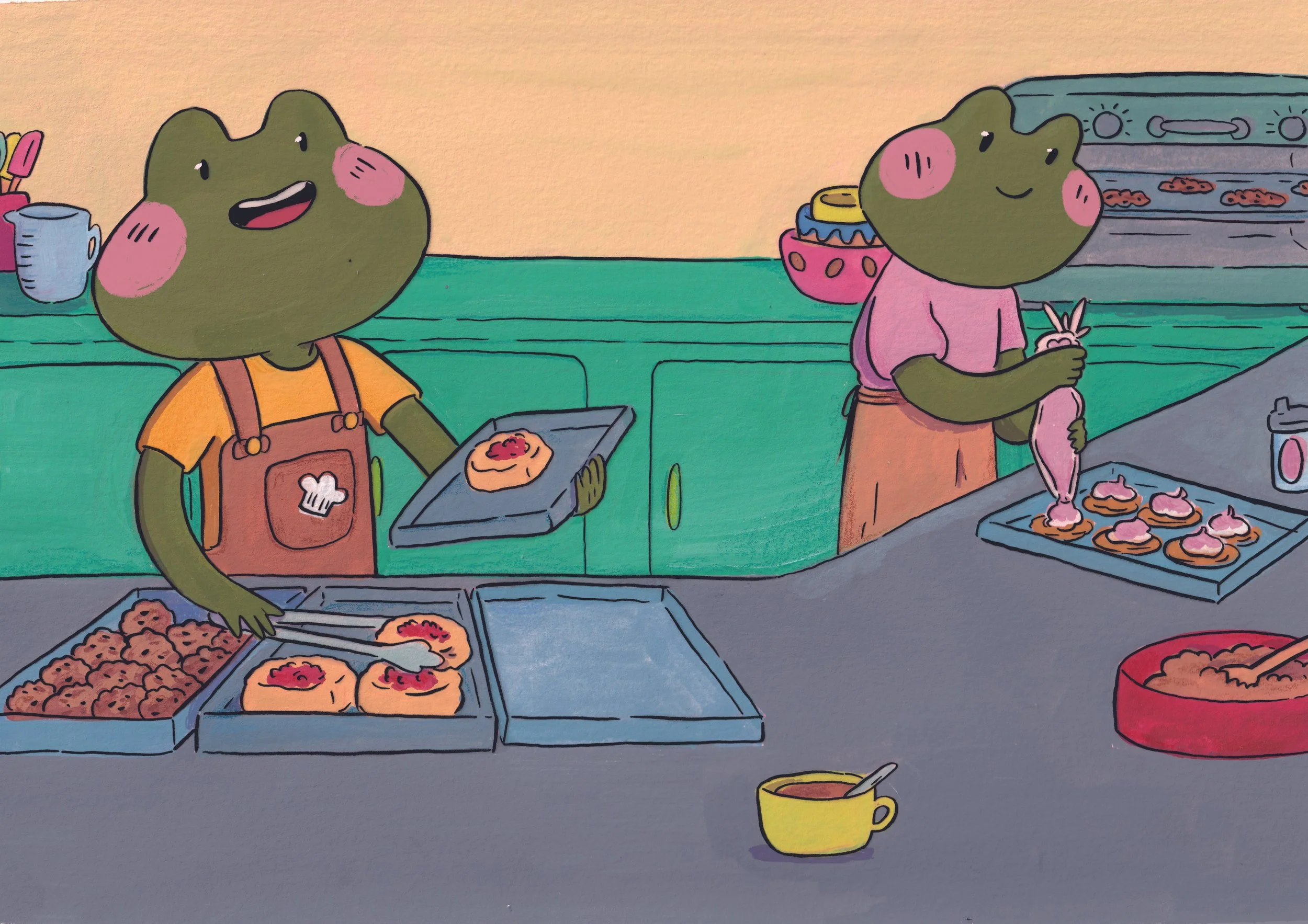 Dibujo de dos ranas de color verde en una cocina. La rana a la izquierda está sirviendo comida en un plato y la rana a la derecha sostiene una zanahoria mientras tiene una bandeja con cupcakes con rosa y azul. En la cocina hay un horno con cookies, u
