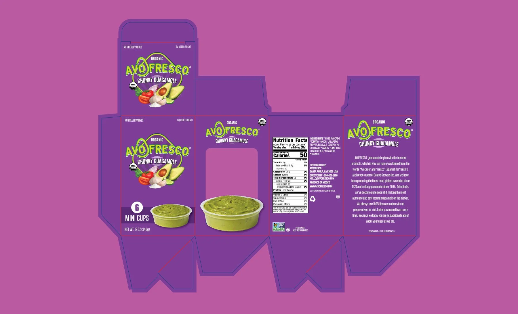 AvoFrescho guacamole mini cup packaging on dieline.