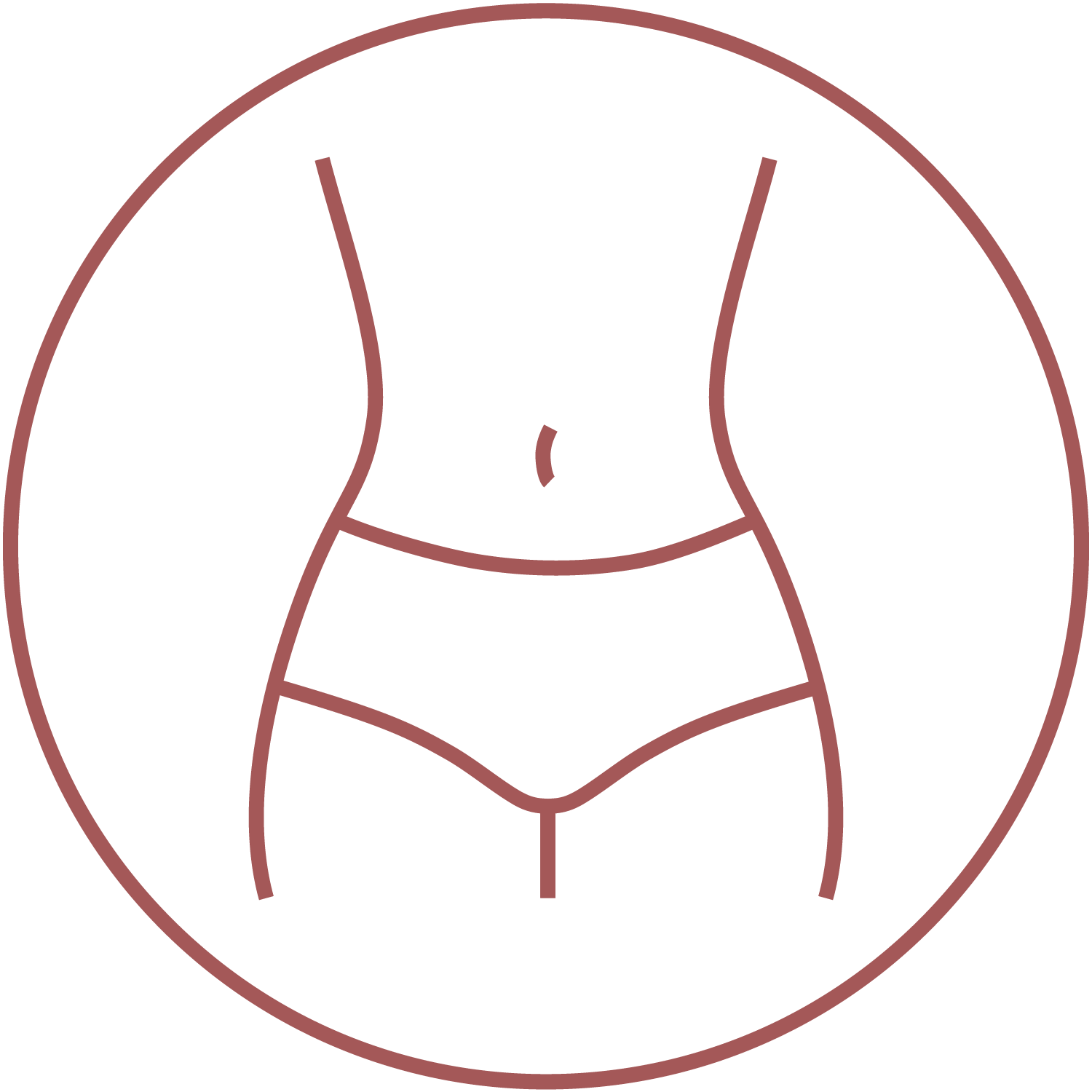 Stylized outline of a woman's waist and hips in underwear, enclosed in a circle