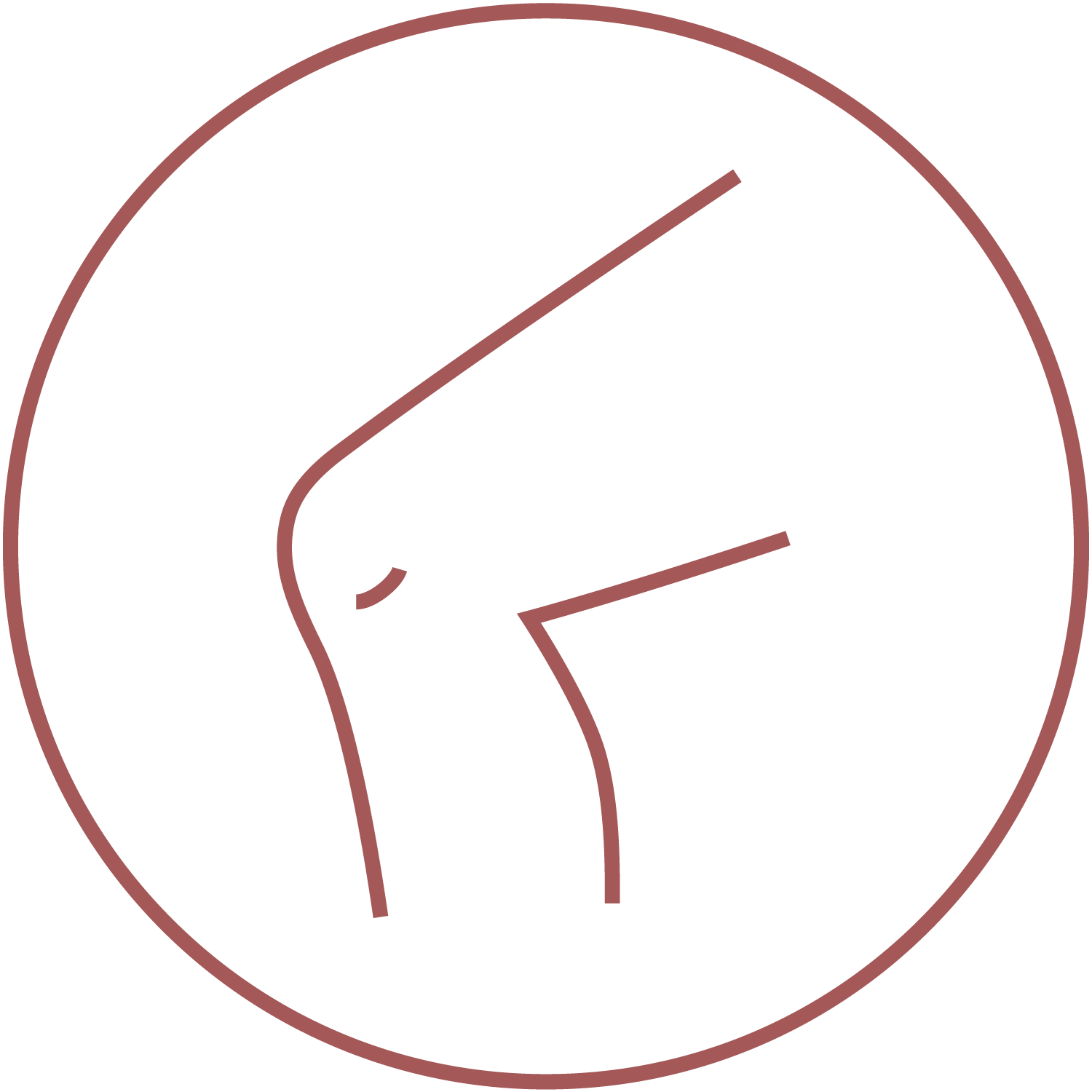 Line drawing of a knee joint inside a circle, depicting human anatomy.