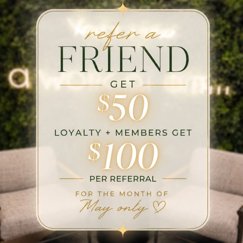 ✨ MAY REFERRAL BONUS ✨

Your glow looks even better when your friends join in 🤍

Refer a friend this month and receive:
&bull; $50 referral bonus
&bull; Loyalty+ Members receive $100 per referral

Available for the month of May only ✨

Because great