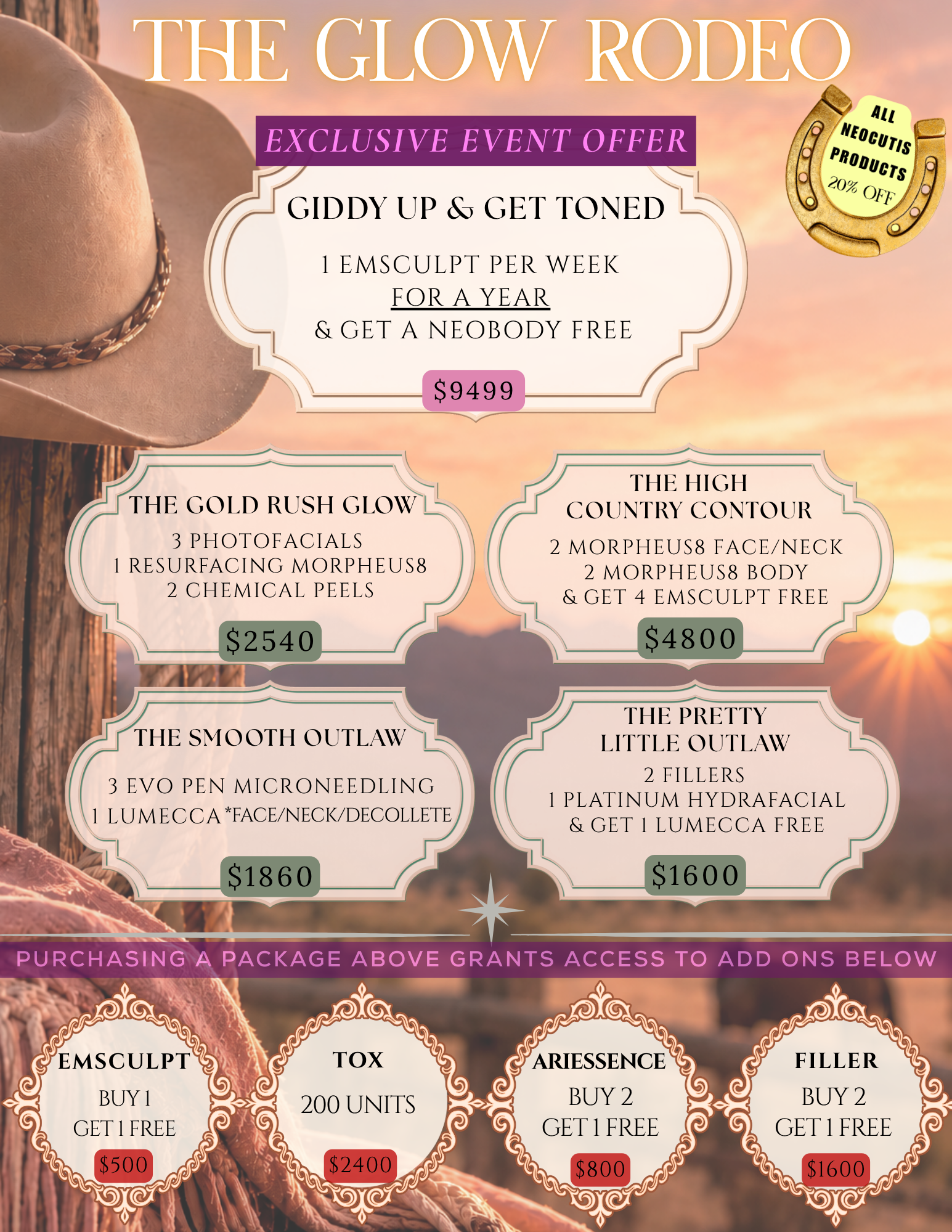 Promotional poster for 'The Glow Rodeo' event featuring special deals on skincare and beauty treatments, including face and neck procedures, chemical peels, and microneedling, with prices ranging from $480 to $2,540. The background shows a sunset with a large cowboy hat on a wooden post and a horseshoe with a discount offer in the top right corner.
