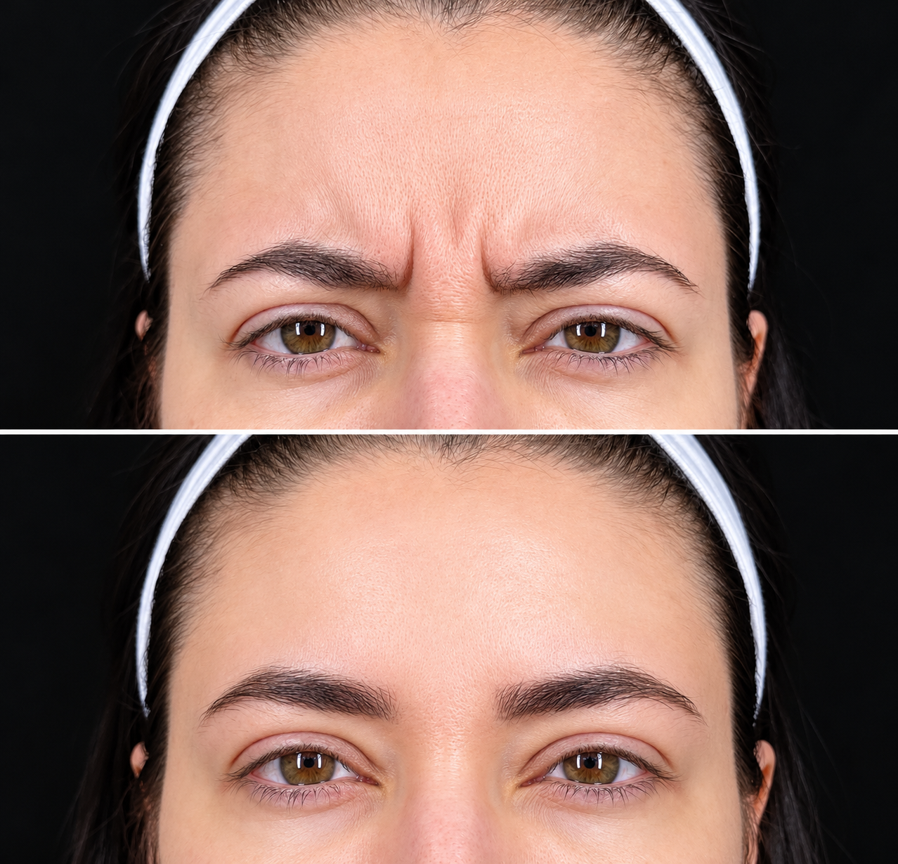 Before and after photos showing softened frown lines between the eyebrows following wrinkle-relaxing injectable treatment at CV Medi Spa in Grand Rapids, Michigan.