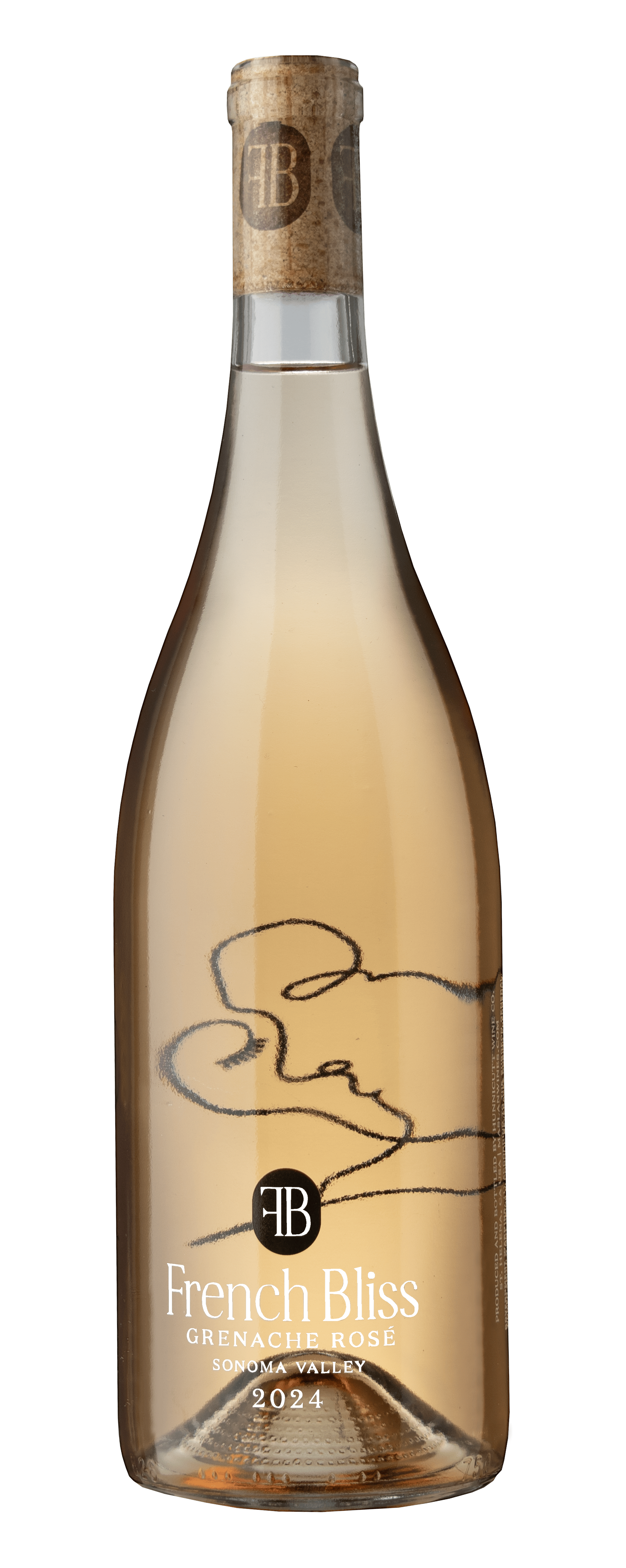 A bottle of French Bliss Grenache Rosé wine from Sonoma Valley, vintage 2024, with a minimalist label featuring a line drawing of a couple's face in profile.