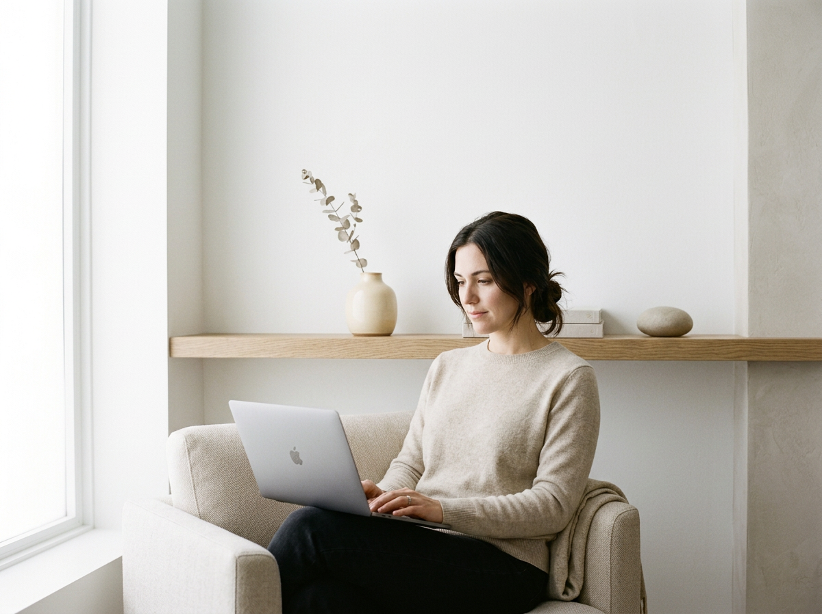 A woman sitting on a beige sofa using a silver MacBook laptop in a minimalistic room with a wooden shelf holding a beige vase with eucalyptus, two books, and a rounded decorative stone.