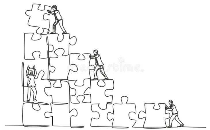 A line drawing of four people working together to assemble a staircase made of large puzzle pieces.