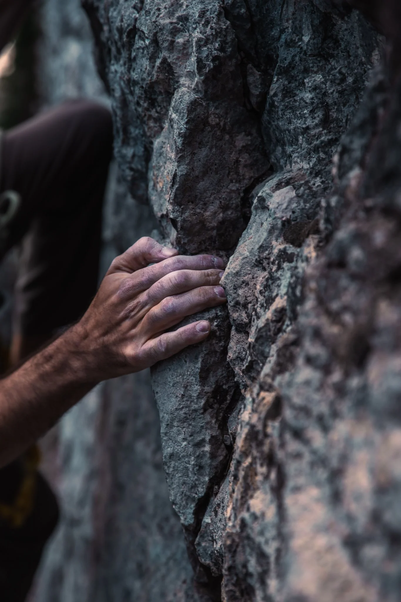 Close-up of a person's hand gripping a rugged rock face while climbing outdoors.