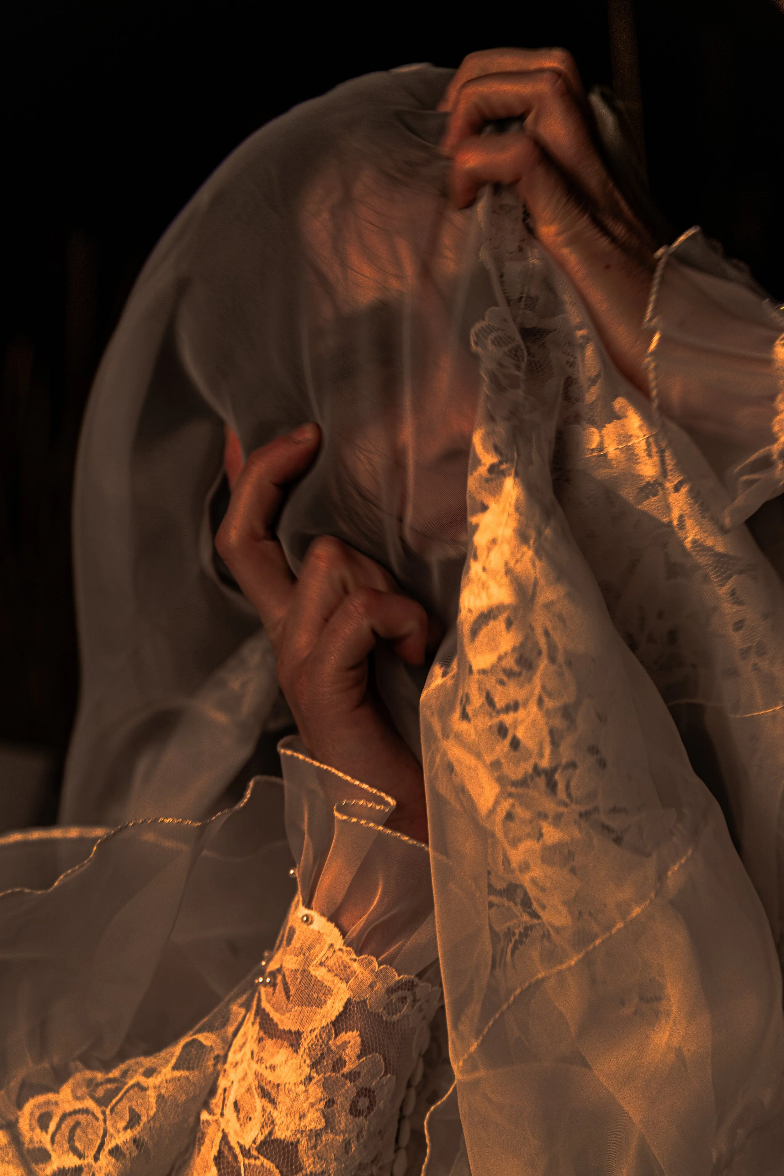 A woman partially obscured by a sheer, embroidered fabric, holding the fabric near her face and head, creating a mysterious and artistic pose.