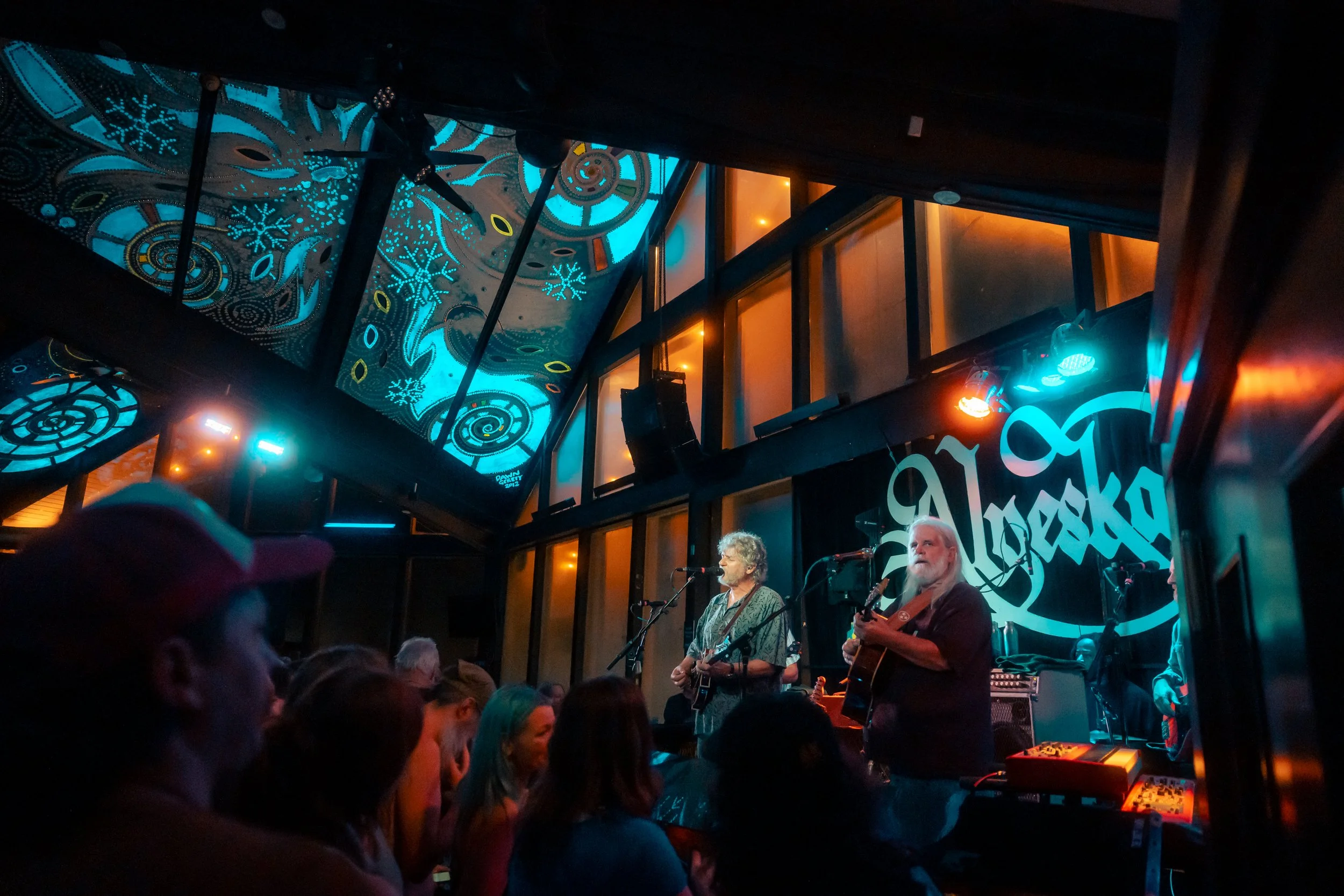 Musicians performing on stage at a live concert in an intimate venue with colorful lighting and audience watching.