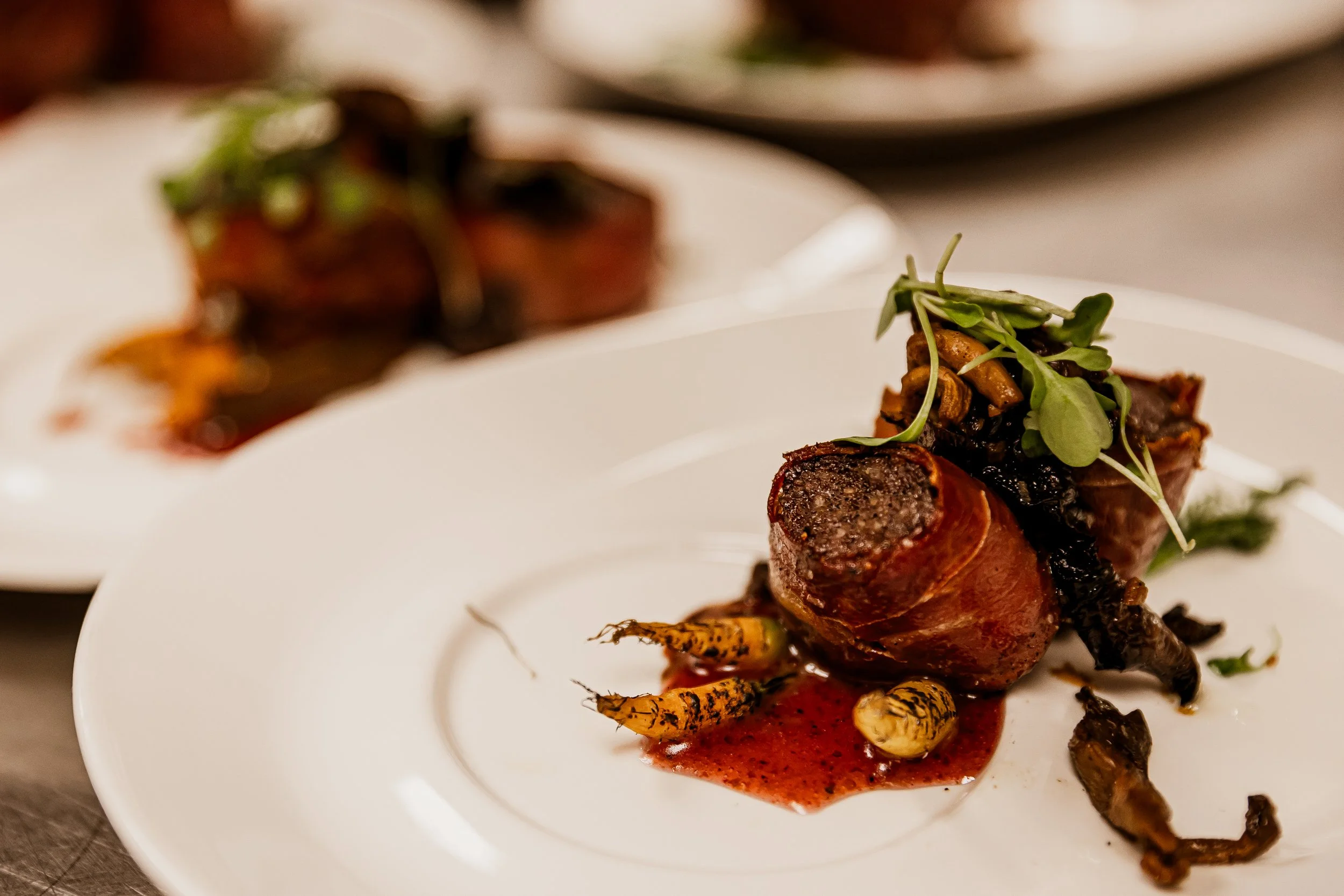 A plated gourmet dish featuring a stuffed meat roll garnished with microgreens, served with roasted carrots and dark sauce on a white plate.