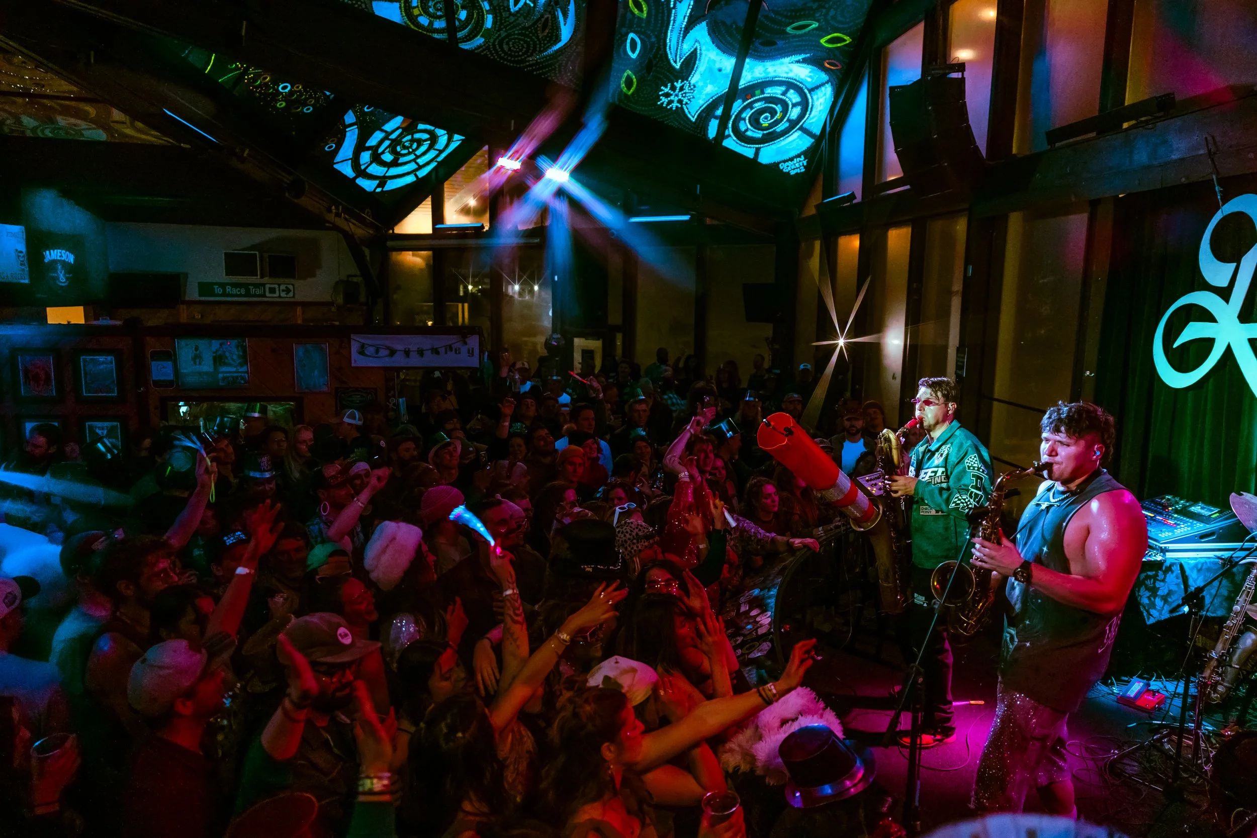 A lively indoor concert with a band playing on stage to a crowd of enthusiastic fans, some dancing and raising their hands, in a colorful, vibrant atmosphere.