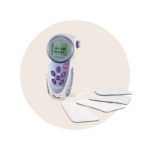 A TENS unit with control screen and multiple electrode pads connected by wires, used for pain relief therapy.