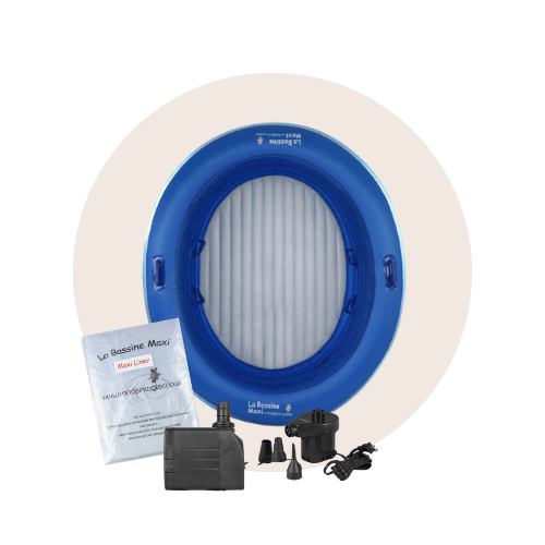 Blue inflatable pool with pump, accessories, and instruction manual.
