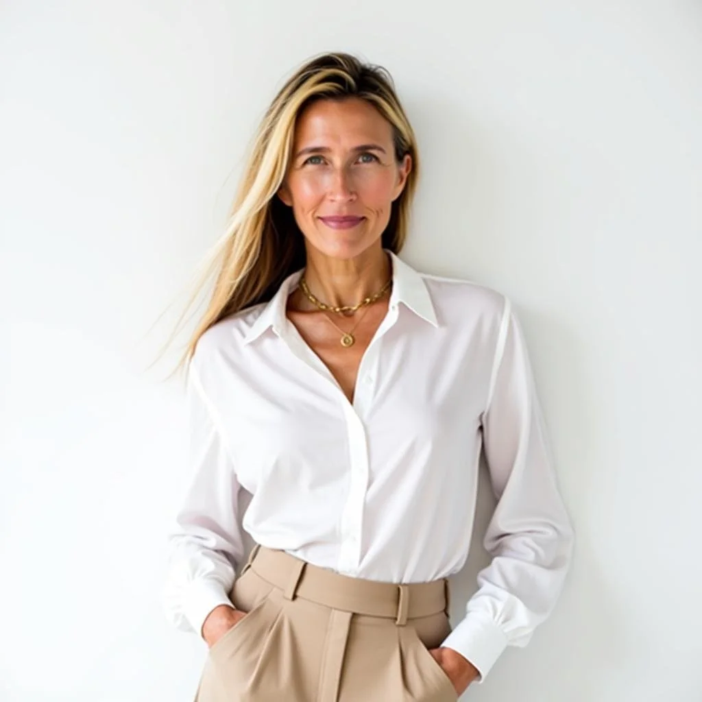 A woman with long blonde hair wearing a white button-up shirt and beige high-waisted pants, standing against a plain white background.